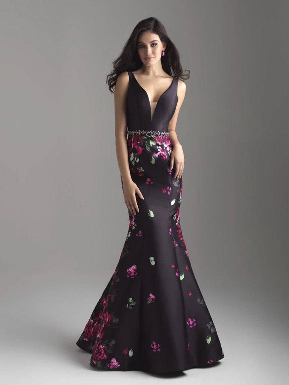 madison james Black Floral V-Neck Mermaid Prom Formal Dress
